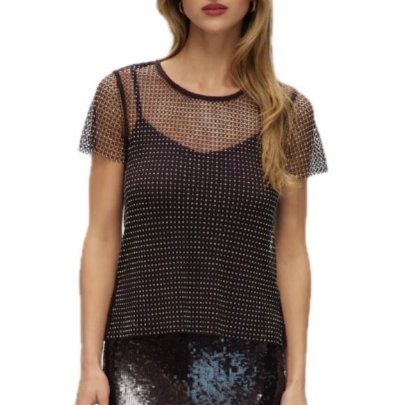NEW Rachel Zoe Sheer Mesh Tee Adorned with All Over Rhinestones Womens M - Picture 2 of 16